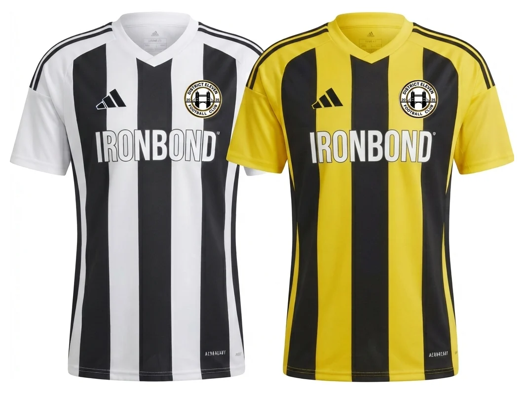 District Eleven FC home and away shirts, black and
       white stripes and black and yellow stripes, each with IRONBOND across
       the chest